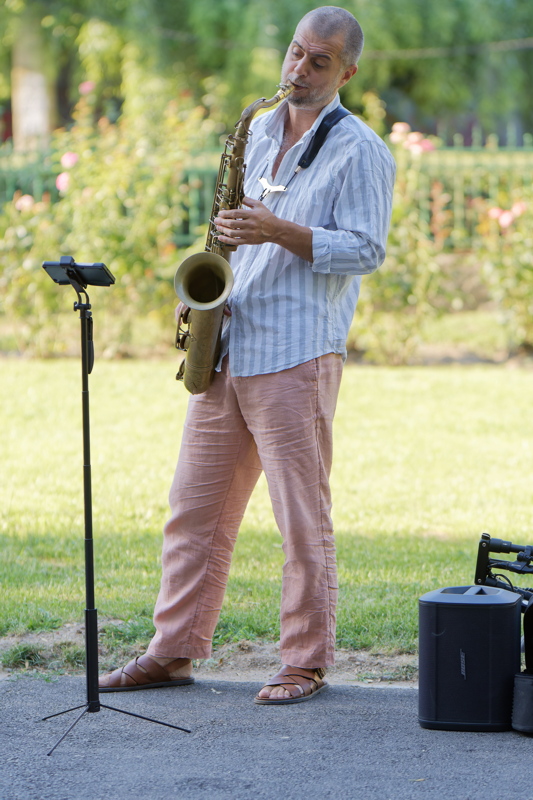 13 - A street musician performing with a tenor saxophone, in a park